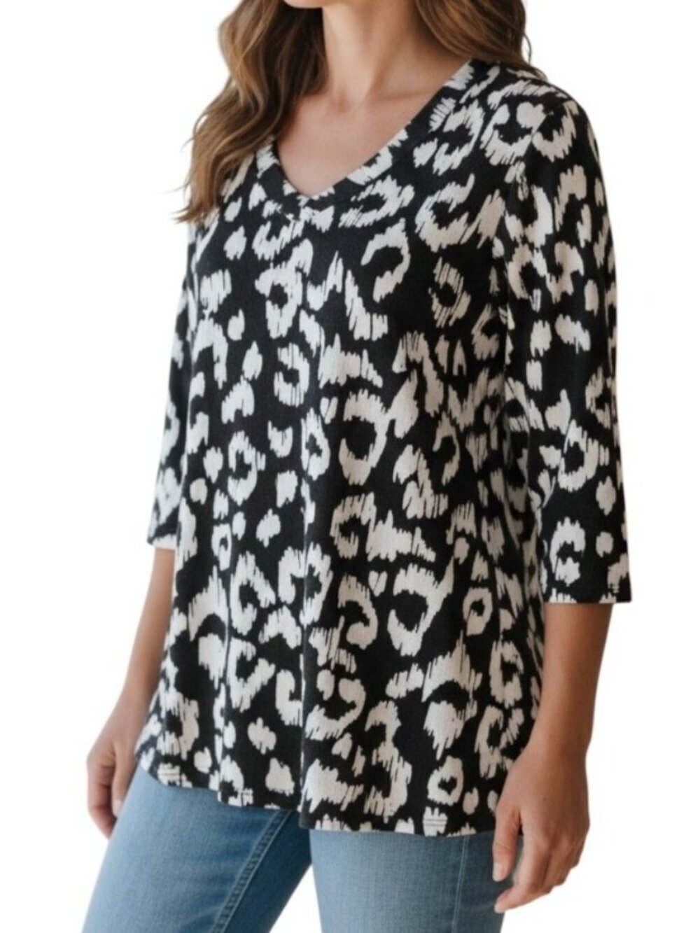Ruby Rd Womans Easy Chic Hacci Animal Top~Size S~Black White Soft Sweater ~L1308